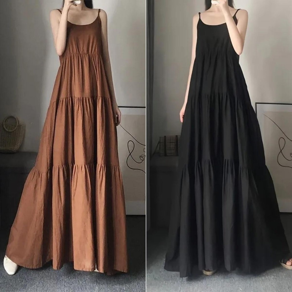 Hotgirl พร้อมส่ง✨ชุดเดรสผู้หญิง เดรสยาวสายเดี่ยว ดีไซน์จีบหลวม ชุดผู้หญิง สีทึบ สไตล์เกาหลี