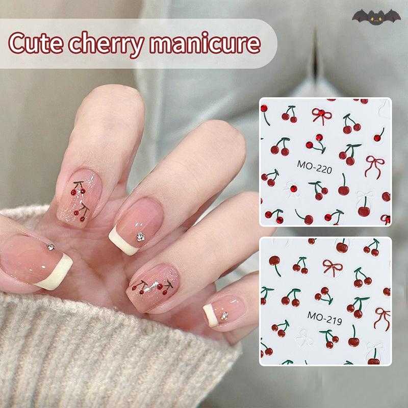 [PE] แฟชั่น Red Cherry Rowknot 3D สติ๊กเกอร์ติดเล็บ Self-Adhesive Nail Art สติ๊กเกอร์ตกแต่งสําหรับผู้หญิงเล็บ DIY Decals ตกแต่ง TH