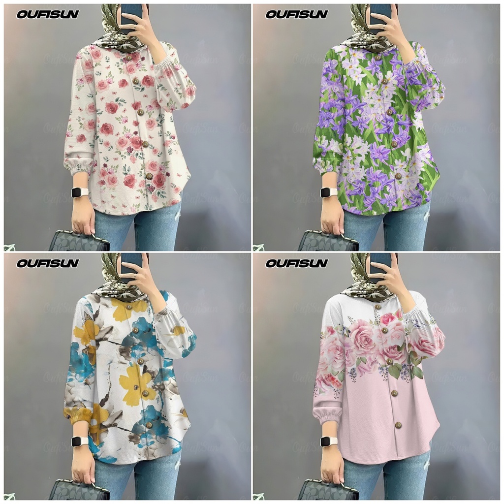 Womens Deepavali เสื้อ 2025 Baju Diwali เสื้อแขนยาวผู้หญิงพัฟแขนดอกไม้รอบคอปุ่มด้านบน