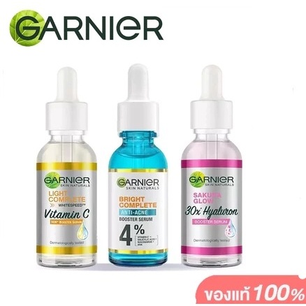 Garnier Light Bright Complete Anti-Acne/Overnight/30x Vitamin C/Sakura glow Booster Serum 30mlการ์นิเย่ บูสเตอร์ เซรั่ม
