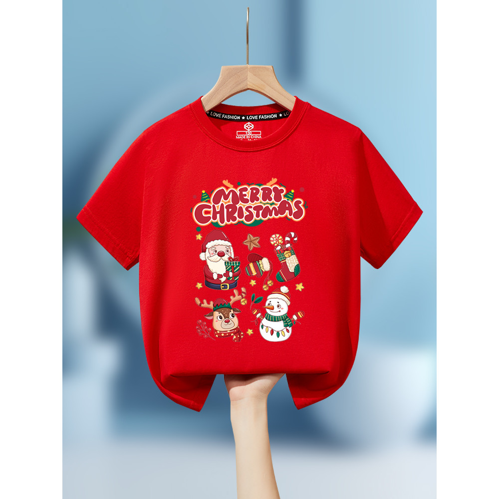 เสื้อยืดแขนสั้นสีแดงคริสต์มาสสําหรับเด็กชุดปีใหม่งานรื่นเริงสําหรับเด็กชายและเด็กหญิง