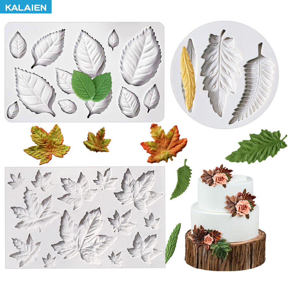 Kalaien 3รูปแบบใบแม่พิมพ์ F ondant เครื่องมือตกแต่งเค้กซิลิโคนแม่พิมพ์ใบเมเปิ้ล, กุหลาบใบ DIY เบเกอรี่เค้ก T Opper sugarcraft, ดินแม่พิมพ์เครื่องมือ