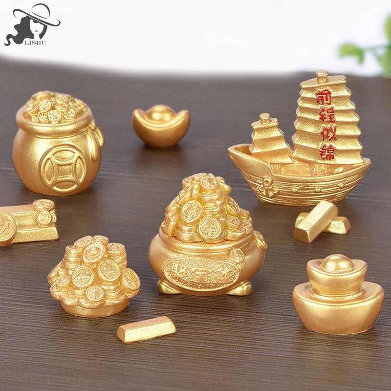 Lishu Feng Shui มงคล Fa Cai เงินต้นไม้ทอง Ingot กระเป๋า Lucky Fortune เทศกาลฤดูใบไม้ผลิ Mascot เดสก์ท็อปเครื่องประดับรถบ้าน Decor Craft th