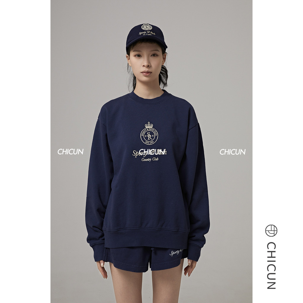 Sporty Rich Retro Round Neck Logo พิมพ์ผ้าฝ้ายแขนยาวเสื้อสเวตเตอร์ผู้หญิง