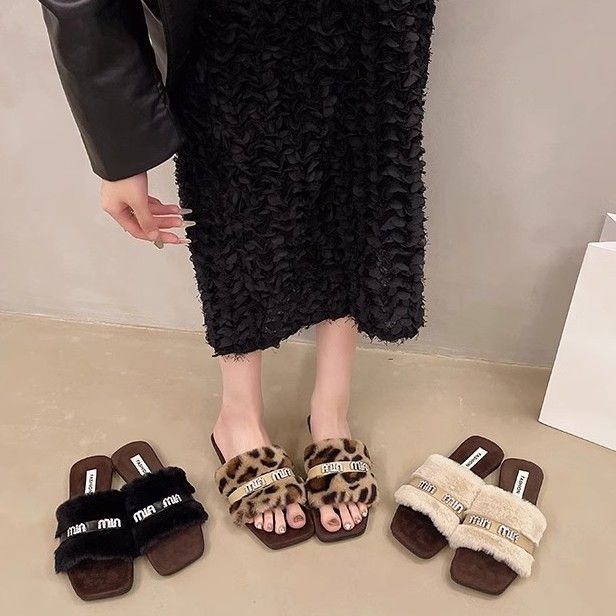 รองเท้าแตะขนสัตว์ รองเท้าแตะพื้นนุ่ม Furry รองเท้าแตะฤดูหนาว Casual หนา-Soled Let