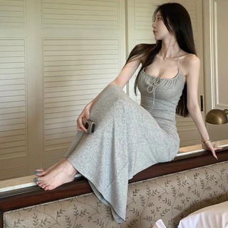 🌙ชุดเดรส,🌙สีเทาอ่อนเซ็กซี่ฤดูร้อนแต่งตัวสลิมฟิตคอเชือกแขวนคอ