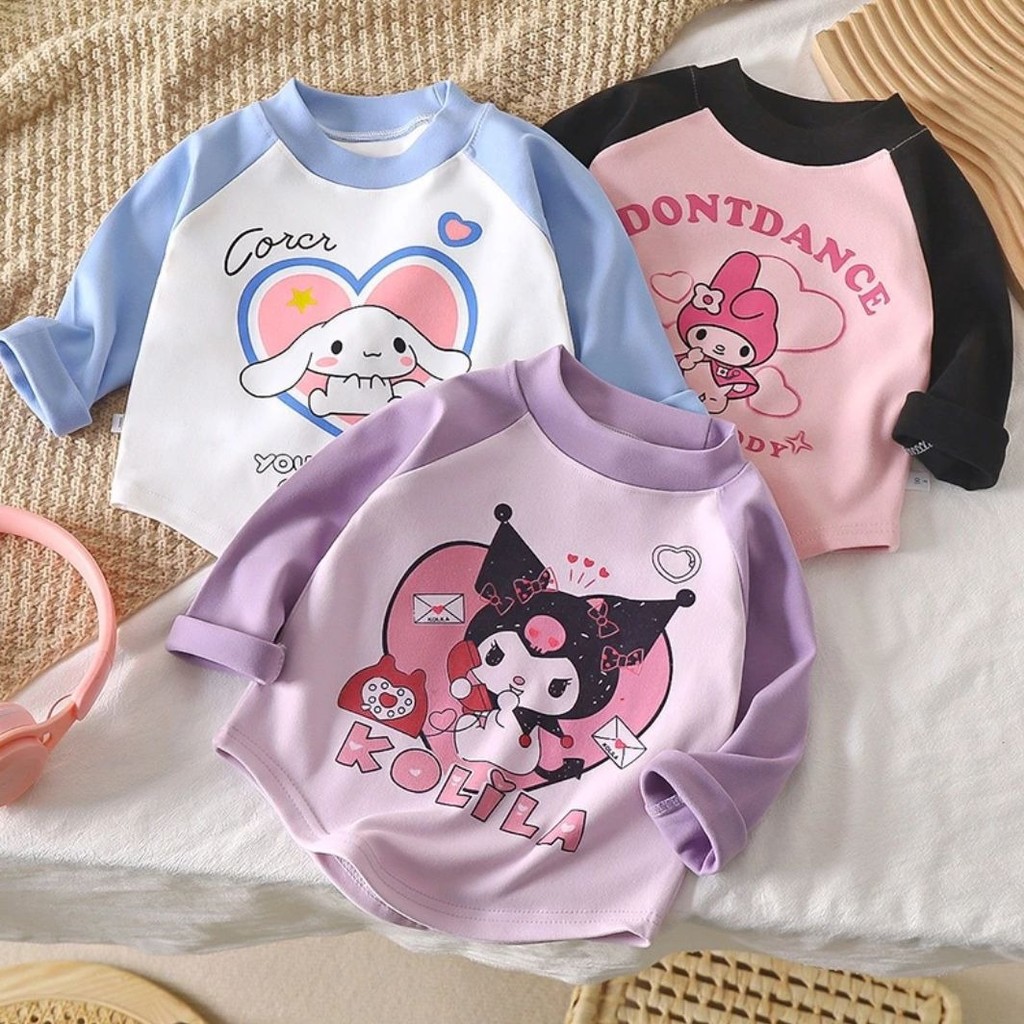 1-12 ปีเด็กเวอร์ชั่นเกาหลีของการ์ตูนเสื้อแขนยาวฤดูใบไม้ร่วงและฤดูหนาวสาวน่ารักชายรอบคอแขนยาว จุดต่ําสุด เสื้อ