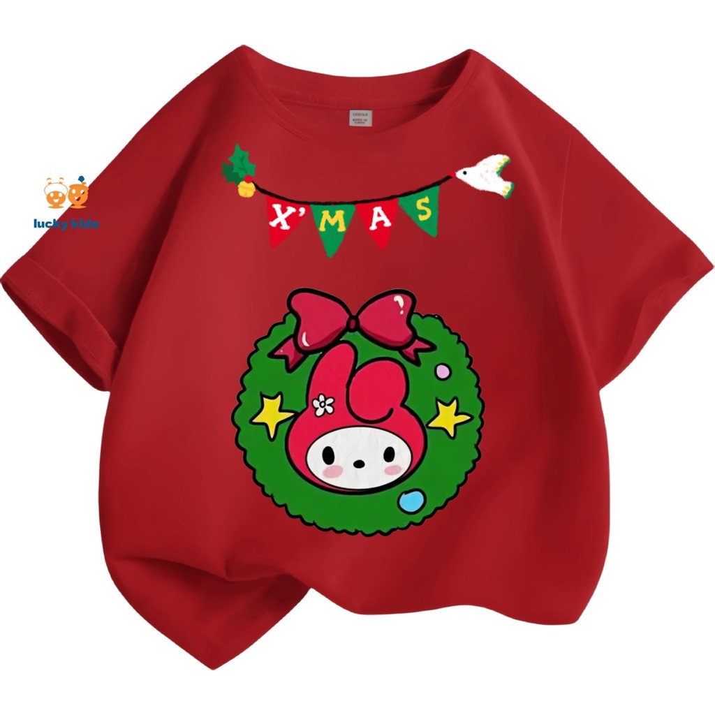 (Merry Christmas) เสื้อยืดเด็กผ้าฝ้ายแท้ My Melody รูปแบบพวงหรีดคริสต์มาส 3 - 12 ปี LUCKY KIDS