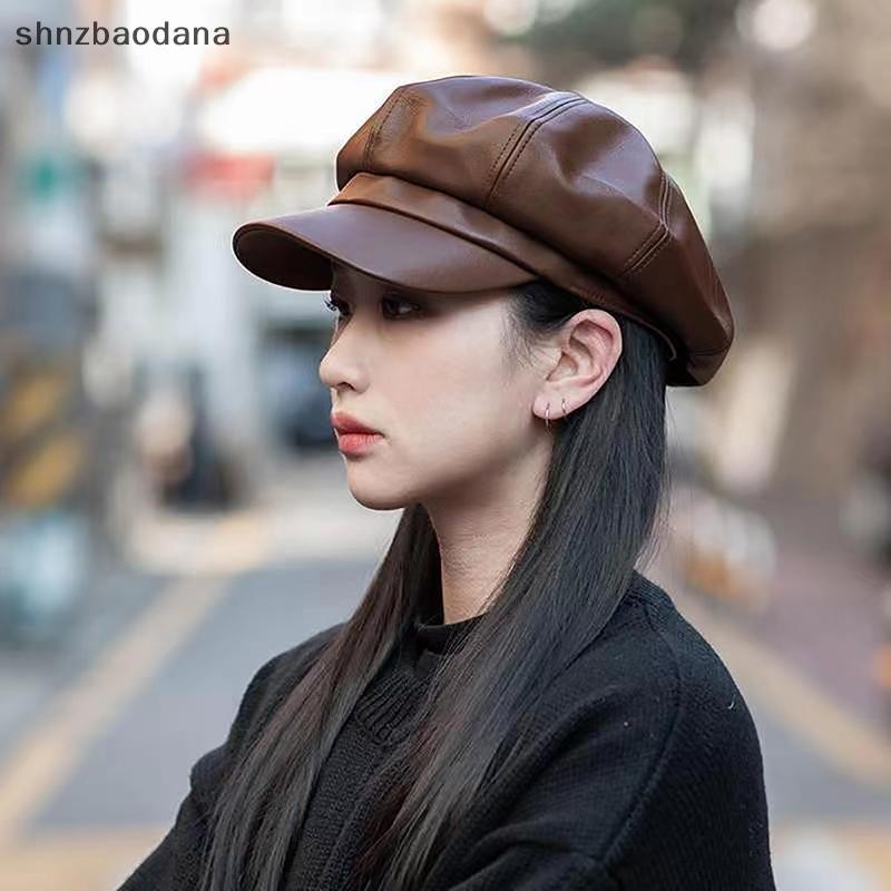 [SHNZAA] ผู้หญิงแฟชั่น Beret Solid Beret หมวก Pu หนัง Beret ฝรั่งเศสศิลปินหมวกอบอุ่นหญิงสุภาพสตรีหมวกสาวหมวก FSSG