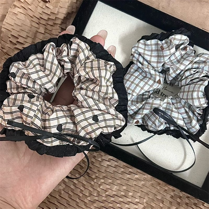 แฟชั่นคลาสสิกสีกากีหัวใจ Bowknot Lattice แหวนผมผมหางม้าหัวเชือก Scrunchies ผมผูก