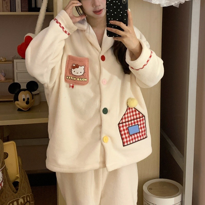 KT การ์ตูนคอวีชุดนอนสำหรับผู้หญิงฤดูใบไม้ร่วงและฤดูหนาว homewear อบอุ่นหนาขนแกะปะการังสูทถ่ายทอดสด