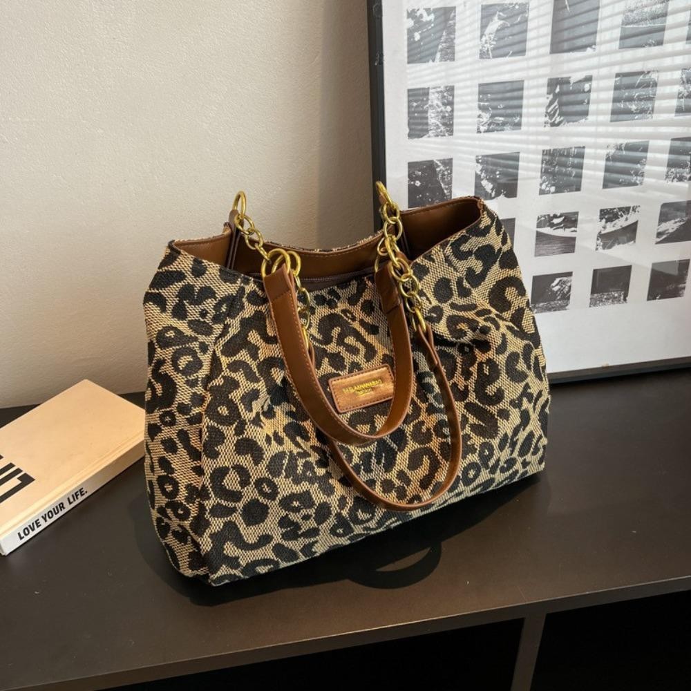 Easts Tote Bag กระเป๋าสะพายผ้าแคนวาสลายเสือดาว กระเป๋าใต้วงแขนความจุขนาดใหญ่แบบลําลอง ผู้หญิง