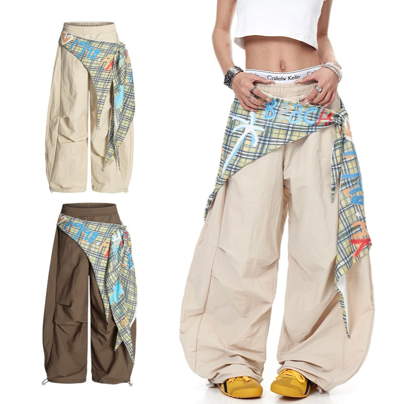 SUIKONE ซุยโคเนะ อเมริกันย้อนยุคจีบลายสก๊อตหลวมบางทุกการแข่งขันกางเกงลําลองขากว้างสําหรับผู้ชายและผู้หญิงในช่วงฤดูร้อน