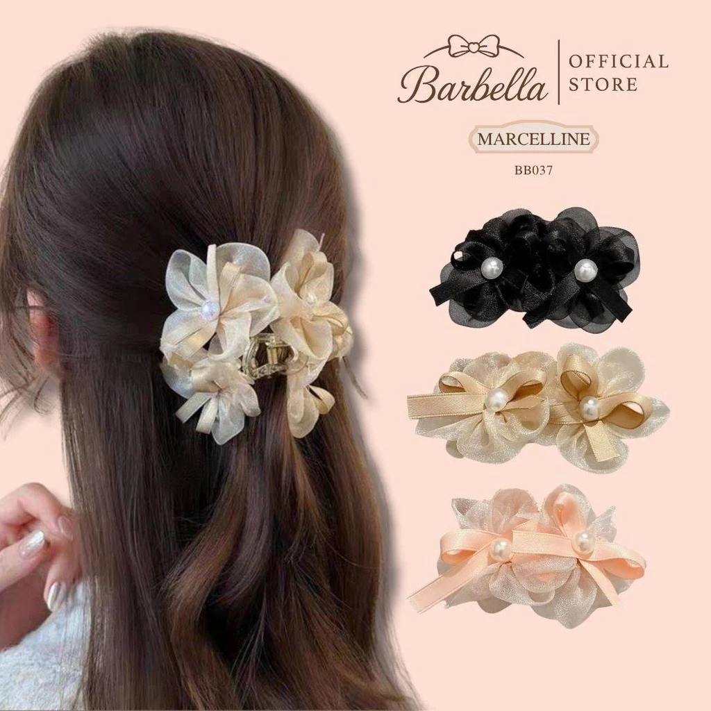 Barbella กิ๊บผมดอกไม้โบว์ผ้าชีฟองแต่งไข่มุก ดีไซน์หวานละมุน รุ่น Marcelline (BB037)