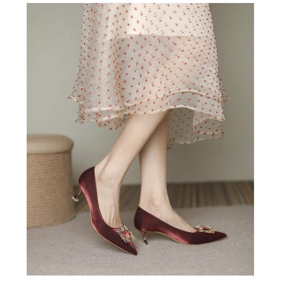 [CF] สตรีสง่างามรองเท้าแต่งงานส้นสูง ซาติน สไตล์พอยท์ สำหรับวิวาห์และโอกาสพิเศษ พร้อมสต๊อกในประเทศ - รูปที่ 4