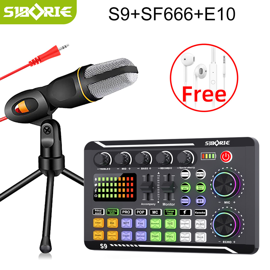 การ์ดเสียง Siborie S9 + SF666 Mic + E10 ชุดชุดหูฟัง, เครื่องผสมเสียง, เปลี่ยนเสียง , สําหรับเสียงสดอ