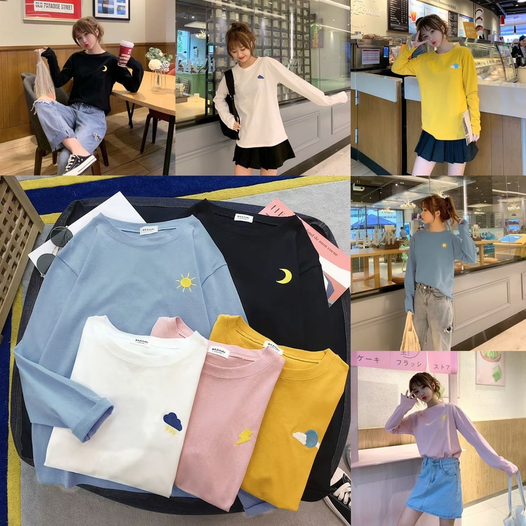 Alva เสื้อยืดคอกลม แขนยาว ลายปัก Day & Night ผ้านุ่มใส่สบาย เสื้อลำลองแฟชั่น มี6สีให้เลือก #9962