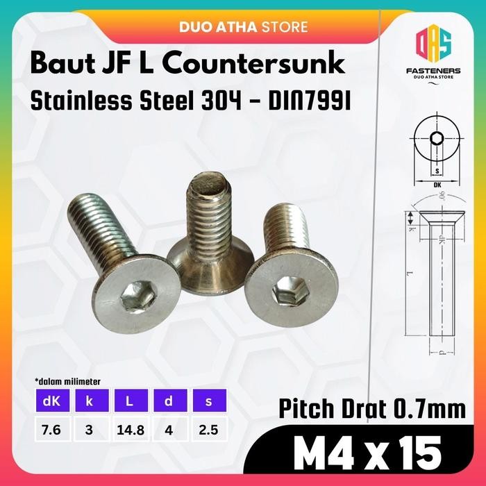 M4x15 Bolt JF L M4 x 15 Stainless / Bolt Verseng M4 x 15 Stainless / Countersunk M4 x 15 Stainless S