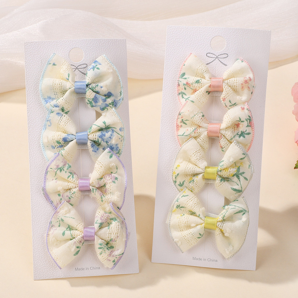 4 ชิ้น/เซ็ตผ้าฝ้ายหวานดอกไม้พิมพ์โบว์คลิปผมสําหรับเด็กทารกน่ารักริบบิ้น Bowknot Hairpins Barrettes Party Headwear ของขวัญ