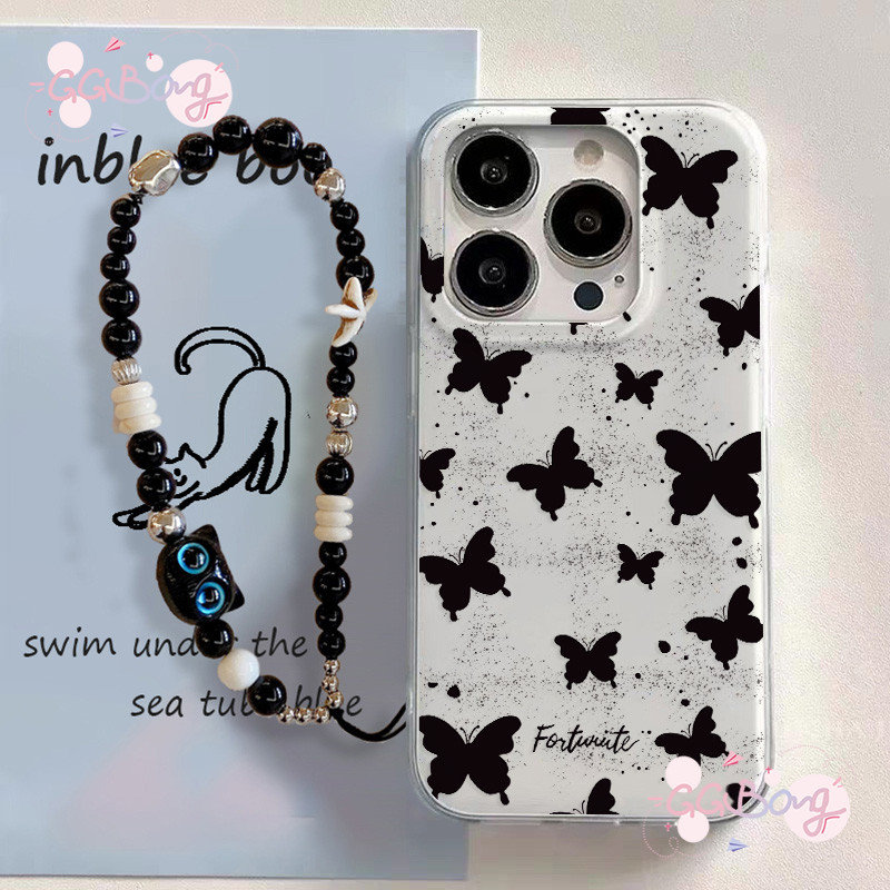 เคสไอโฟน 16 สำหรับ IPhone 16 11 15 14 13 12 Pro Max 16 14 15 Plus โซ่ผีเสื้อสีดำสไตล์เรโทร เคส IMD ใหม่สุดหรู