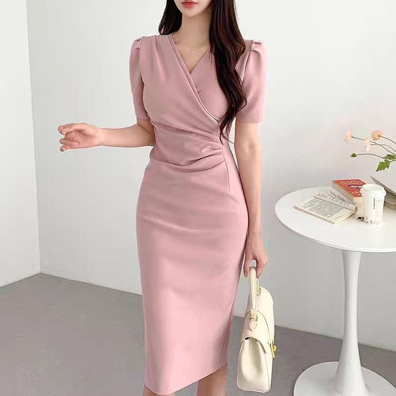 summer dress ออกงานสีชมพู เดรสไปทะเลน่ารัก เดรสทํางานสบายๆมีแขน เดรสงานแต่งหรู