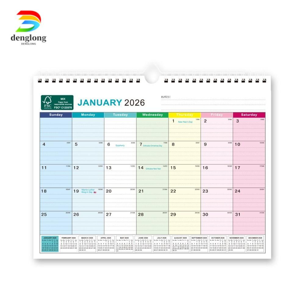 ปฏิทินภาษาอังกฤษ DENGLONG, Holidays Marked หนา Paper Wall Calendar, 2026 Daily Study Jan. 2026 - มิ.ย. 2027 พร้อมตะขอแขวนปฏิทิน บ้าน