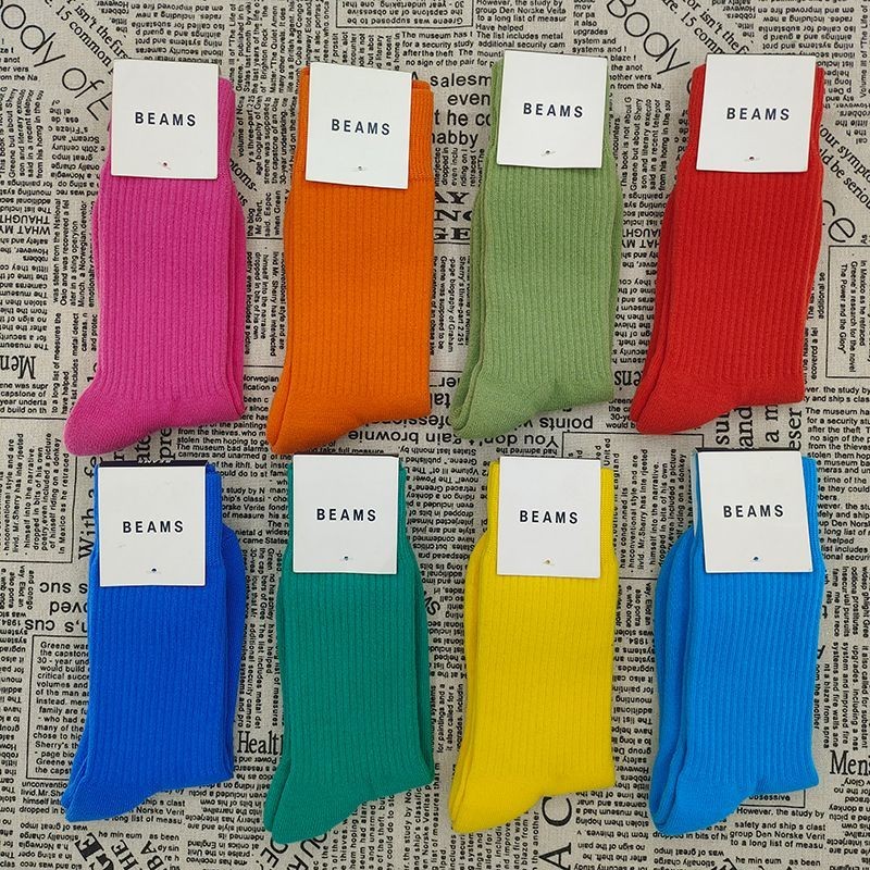 ถุงเท้าผ้าขนหนูหนา สไตล์ BEAMS Street Wear สำหรับผู้ชายและผู้หญิง สีทึบ Dopamine