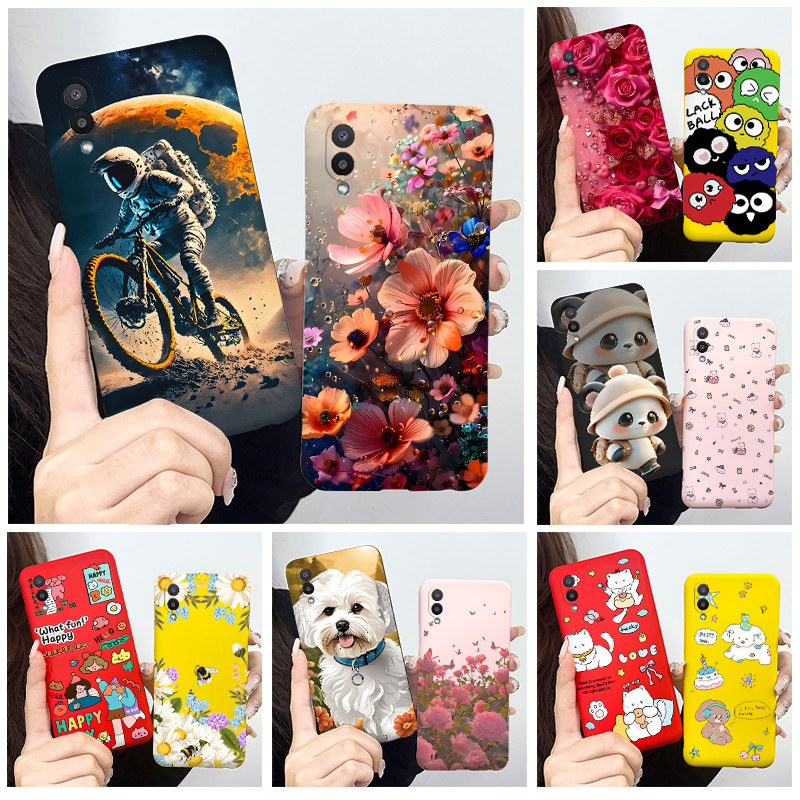 สําหรับ Galaxy A02 กรณีน่ารักนักบินอวกาศ Panda ดอกไม้สี Candy Matte Soft TPU ซิลิโคนเคสโทรศัพท์สําหรับ Samsung Galaxy A02 SM-A022F/DS ปกหลัง