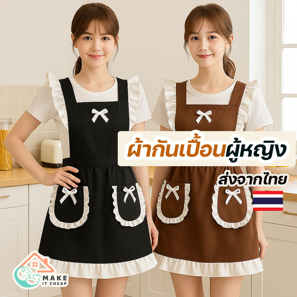 ผ้ากันเปื้อนผู้หญิง ชุดแม่บ้าน คาดเอว กันน้ำ กันคราบ ใช้ในครัวและร้านอาหาร สไตล์น่ารัก เรียบร้อย ใช้งานง่าย
