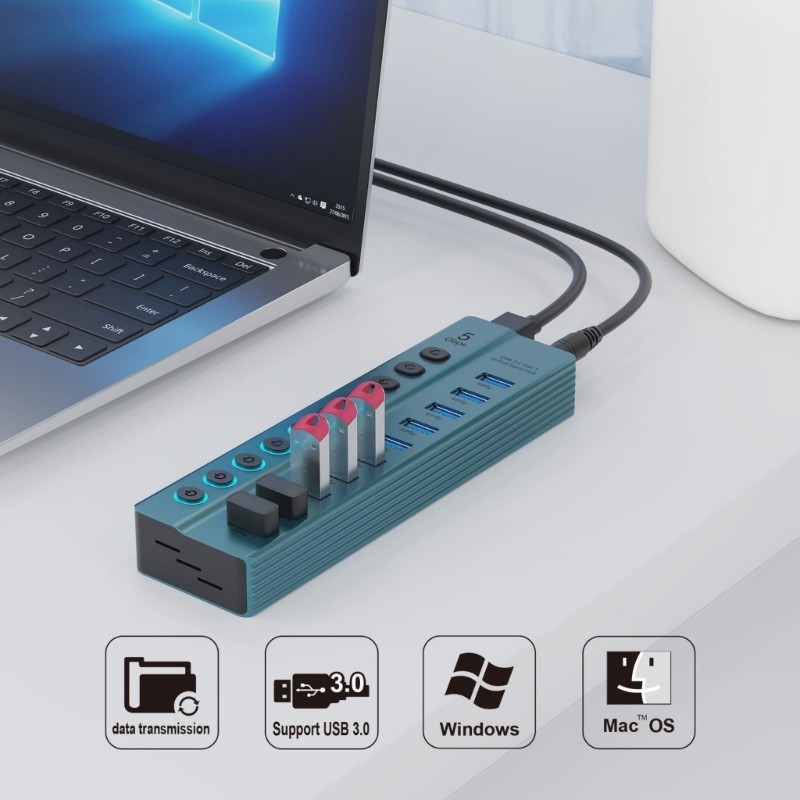 QUU USB Splitter 7 พอร์ต USB Data Splitter พร้อมสวิตช์ส่วนบุคคลอะแดปเตอร์ USB Extension Splitter สํา