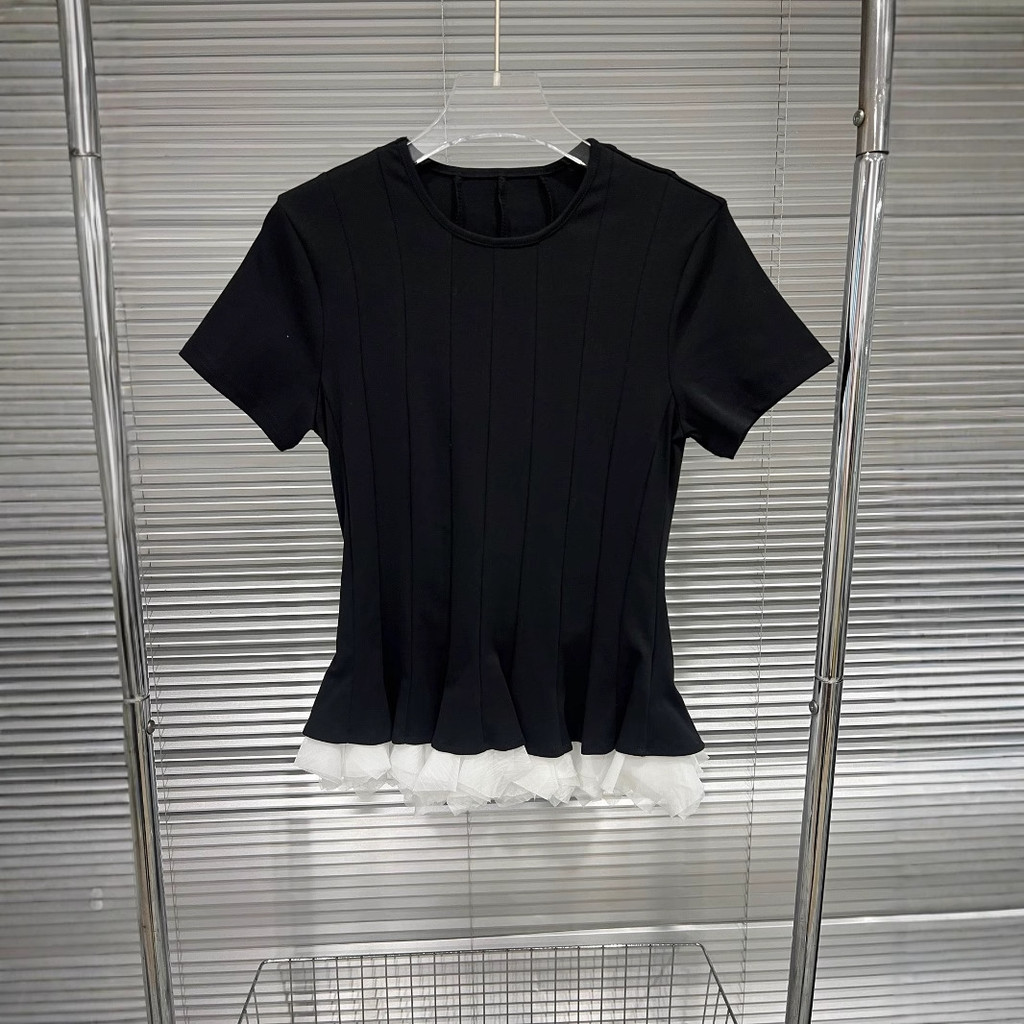 1H35 2025Summer Ballet Dance T Elastic Dopamine Cotton Cool Ice Skin Segmented Patchwork T T-shirt