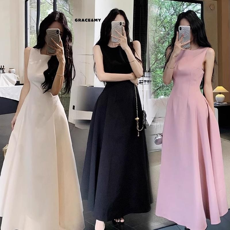 mimi&didi#เดรสแขนกุด ชุดเดรสยาวแฟชั่น เดรสเสื้อกั๊ก ทรงเอ ฤดูร้อน คุณภาพสูง เรียบหรู คอกลม เอวสลิมฟิต สไตล์#99012