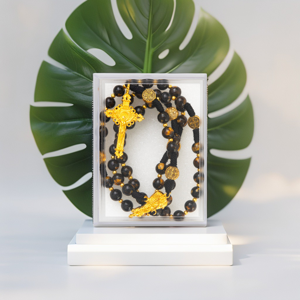 8MM DARK ELEGANCE NATURAL STONE CATHOLIC ROSARY / CATHOLIC ROSARY NECKLACE