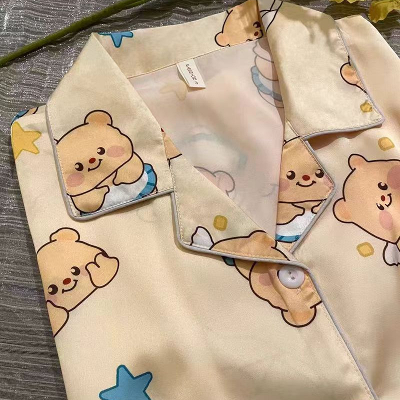 X.ชุดนอนหมีเนยผู้หญิงฤดูร้อนสไตล์ใหม่ผ้าไหมน้ําแข็งแขนสั้น ชุดลําลอง