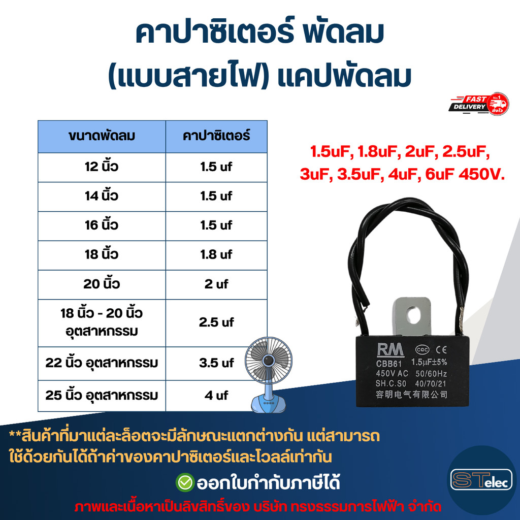 คาปาซิเตอร์ พัดลม 1.5uF, 1.8uF, 2uF, 2.5uF, 3uF, 3.5uF, 4uF, 6uF 450V (แบบสายไฟ) แคปพัดลม อะไหล่พัดลม