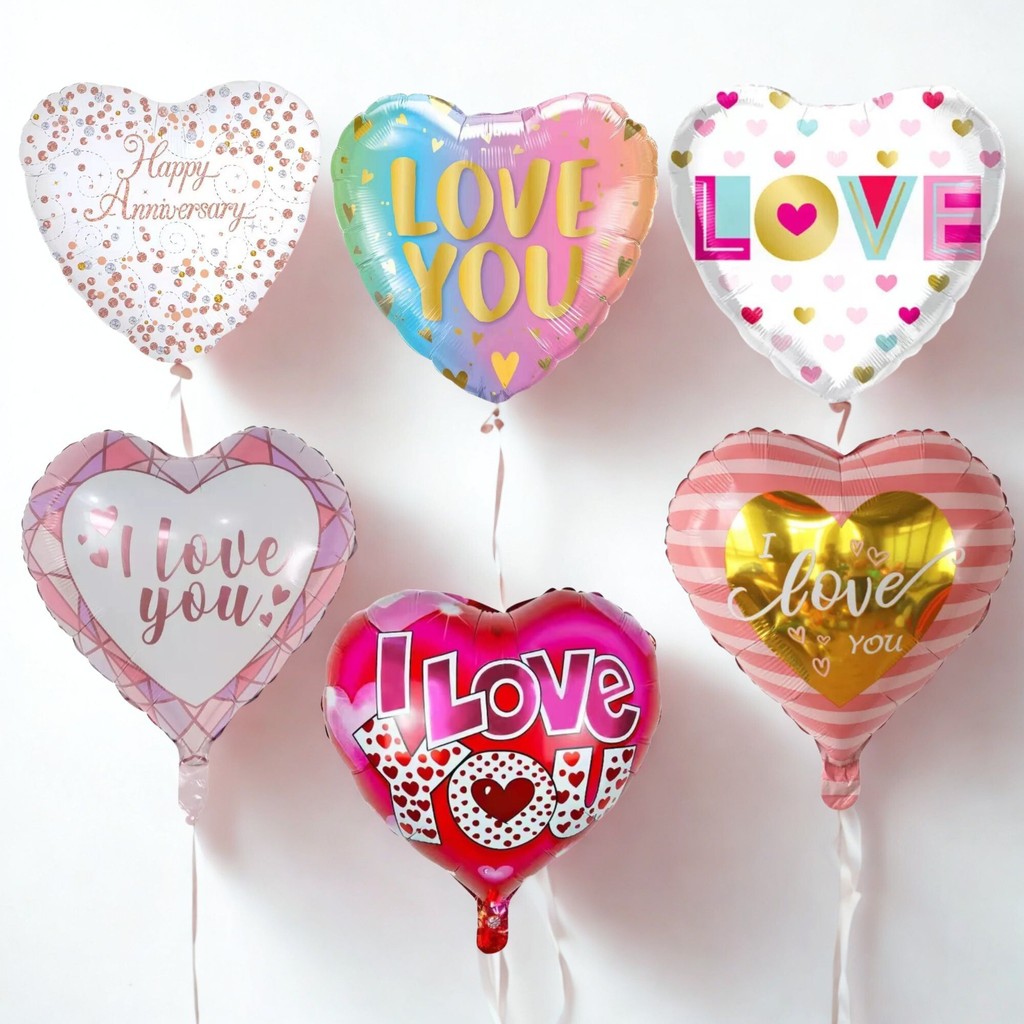 ลูกโป่งฟอยล์รูปหัวใจ 18 นิ้ว พร้อม Love I Love You Happy Anniversary Motif | ของตกแต่งวันเกิดของขวัญ