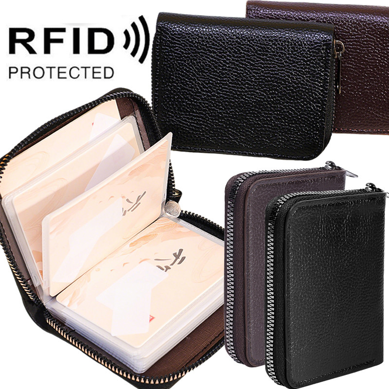 กระเป๋าใส่บัตรหลายช่องสําหรับผู้หญิงผู้ชาย - RFID Blocking กระเป๋าสตางค์ซิปหนังสีทึบวินเทจ