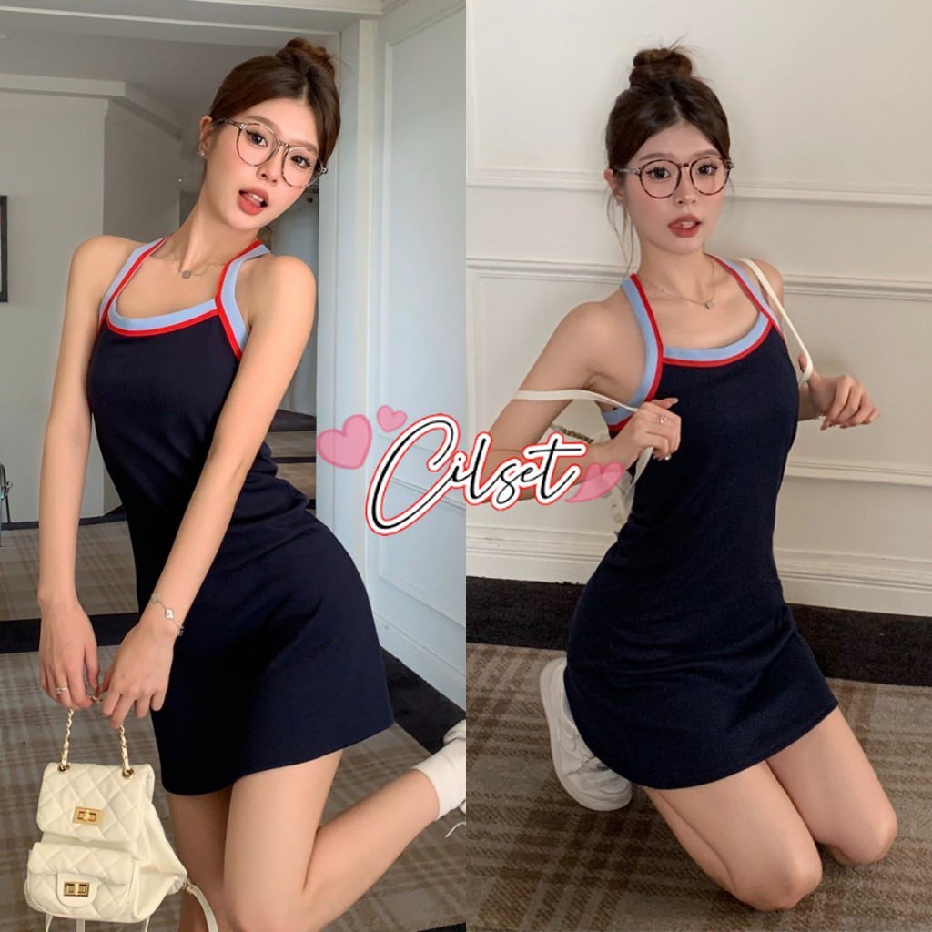 Cilset🛒พร้อมส่ง🎀 ชุดมินิเดรสไหมพรม สีน้ำเงินเข้ม ลำลอง โชว์หลัง สไตล์ซัมเมอร์ /8K91-1 -C