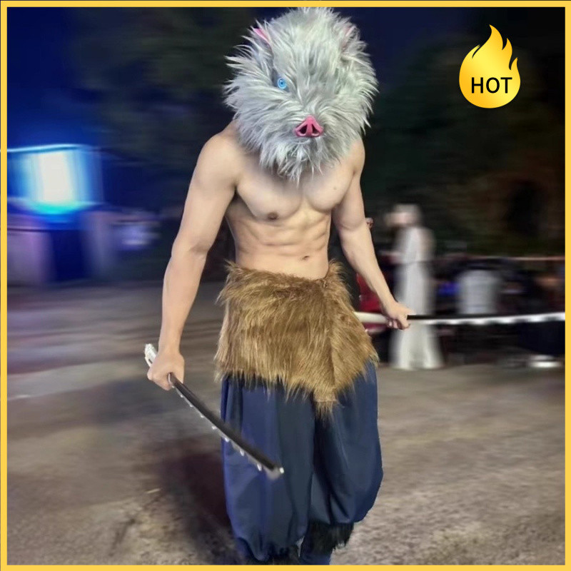 เครื่องแต่งกาย Inosuke จากDemon Slayer สำหรับผู้ชาย หมวกและเครื่องประดับแบบหมู พร้อมสวมใส่ในงานHALLO