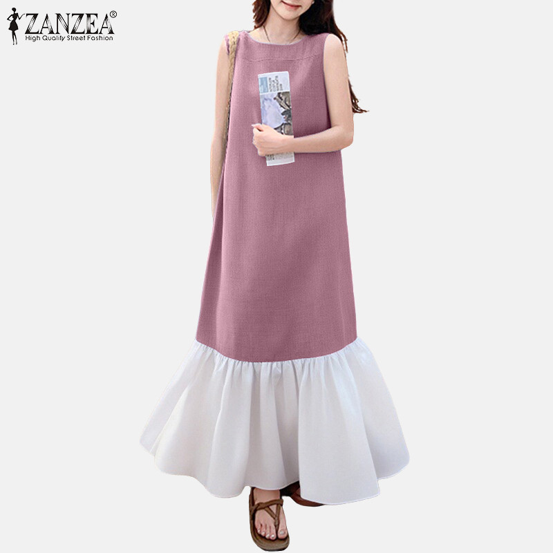 ZANZEA ดRESSES สไตล์เกาหลีสำหรับผู้หญิง พร้อมรายละเอียดตกแต่งระบายและลายทางตัดเย็บที่เป็นเอกลักษณ์