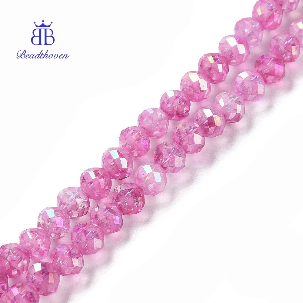 ลูกปัดแก้วโปร่งใสทรงแหวน AB สี.camellia ขนาด 6x5.5 มม., ประมาณ 70 ชิ้นต่อเส้น ความยาว 14.84 นิ้ว (37