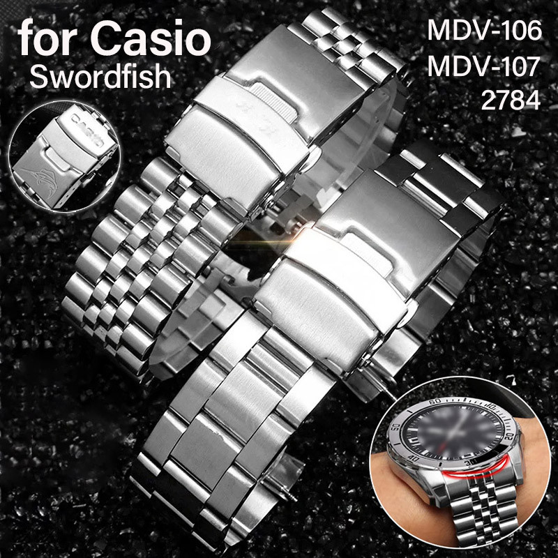 ปลายโค้งสายนาฬิกาสแตนเลสแข็ง 22 มม. สําหรับ Casio Swordfish MDV-106 MDV-107 2784 สายรัดดําน้ําโลหะผู
