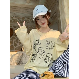 Cicishop(CM2098) เสื้อคอกลมแขนยาวทรงโอเวอร์ไซส์ พิมพ์ลายน้องหมาสีสดใส ใส่คลุมหน้าร้อนผ้าบางใส่สบาย