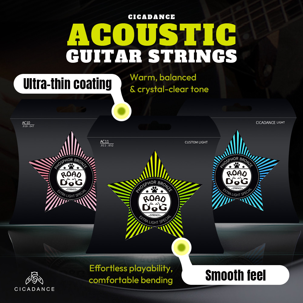 ROAD DOG สายกีตาร์อะคูสติก แกนลวดคาร์บอนสูงแบบหกเหลี่ยมและหุ้มด้วยบรอนซ์ฟอสฟอร์ สายกีตาร์กันสนิม เหม