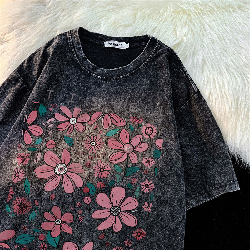 เกาหลี ดาว Oversize เสื้อยืดผ้าฟอก SXT1744 ผู้ชาย ผู้หญิง แฟชั่น วินเทจ ลายทาง ตัวอักษร การ์ตูน ลายส