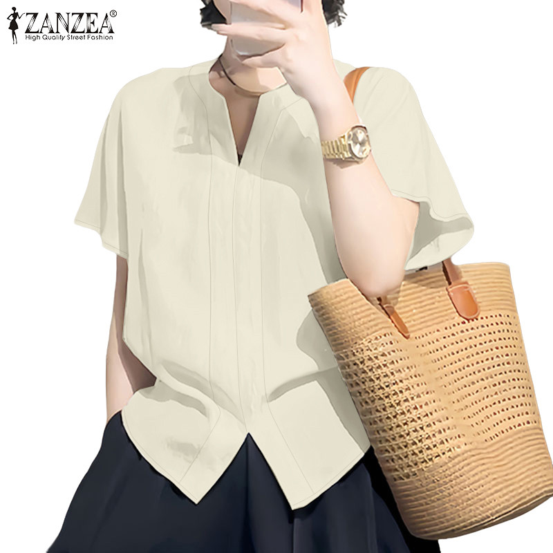 ZANZEA เสื้อแขนหลวมสไตล์เกาหลี V คอ มี pleats ที่แขน และมาในเฉดสีเรียบหรูสำหรับฤดูร้อนของผู้หญิง