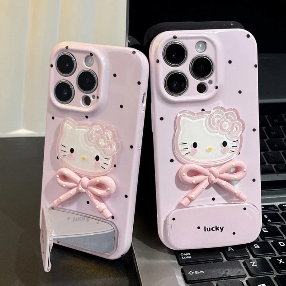 Ins 3D Polka Dot Carystal Kitty Bowknot กระจกพับผู้ถือโทรศัพท์กรณี Pearls สร้อยข้อมือสําหรับ IPhone 16 Pro Max 16 15 14 13 12 11 Anti Drop Hard Tpu หนาปกหลัง
