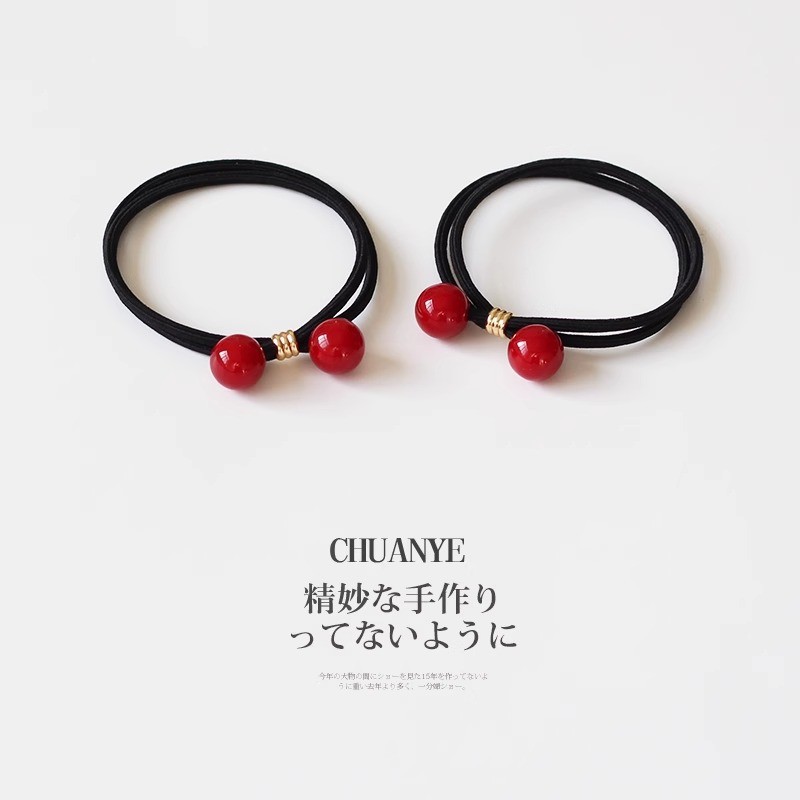 เชอร์รี่ลูกปัดสีแดงหนาสำหรับหางม้า ยืดหยุ่นสูงพร้อมยางรัด