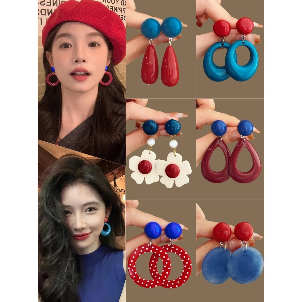 ต่างหูสไตล์ฮ่องกงเรโทรสีแดงและสีฟ้าตัดกันคุณภาพเยี่ยม