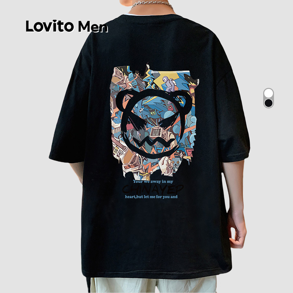 Lovito เสื้อยืดคอวีลำลองสำหรับฤดูใบไม้ผลิ/ฤดูร้อน สีขาว สำหรับผู้ชาย LNE110094